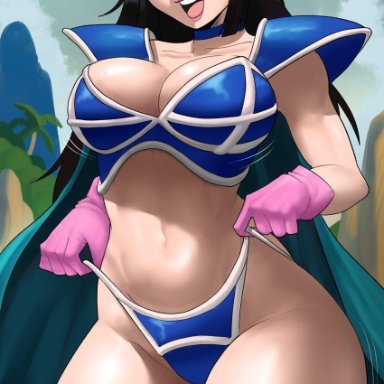 dragon ball, dragon ball z, chichi, echosaber, 1girls, bangs, bikini, bikini armor, black hair, blue armor, blue clothes, blue clothing, busty, cape, chichi's armor