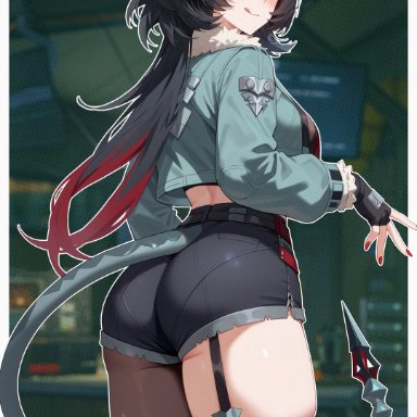 zenless zone zero, jane doe (zenless zone zero), 1girls, animal ears, ass, black hair, blush, breasts, come hither, female, fingerless gloves, from behind, gayuchi, gloves, gradient hair