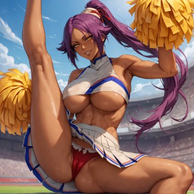 bleach, shihouin yoruichi, alex-schura, 1girls, abs, areola slip, armpits, ass, bangs, bare shoulders, blue sky, blush, bow panties, breasts, cameltoe