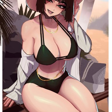 one-punch man, fubuki (one-punch man), stopu, 1girls, bare arms, bare legs, bare shoulders, bare thighs, big breasts, bikini, bikini bottom, bikini top, blush, clothed, clothing