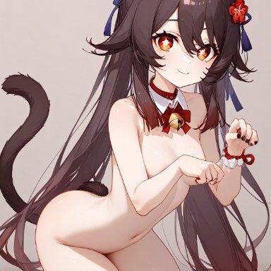 genshin impact, hu tao (genshin impact), cat ears, cat tail, catgirl, feline, female, naked, ai generated