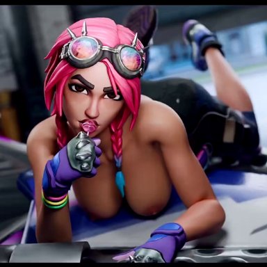 epic games, fortnite, fortnite: battle royale, brite raider, ramirez (fortnite), vexingvenery, 1girls, areolae, bottomwear, breasts, car, female, female focus, female only, goggles