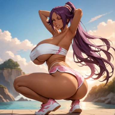 bleach, shihouin yoruichi, alex-schura, 1girls, alternate breast size, armpits, arms behind head, arms up, ass, bangs, bare shoulders, blue sky, breasts, cleavage, clothing