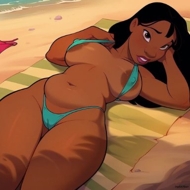 lilo and stitch, nani pelekai, darkeffect, 1girls, areolae, beach, beach towel, belly, black hair, blush, breasts, brown eyes, female only, hawaii, lips