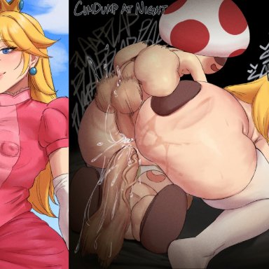 mario (series), super mario bros., princess peach, toad (mario), spageta, 1girls, 3boys, blonde hair, human, human female, humanoid, interspecies, light skin, light-skinned female, mushroom humanoid