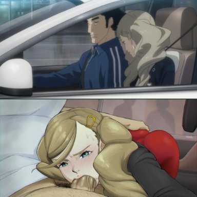 persona, persona 5, ann takamaki, suguru kamoshida, coliboly, 1boy, 1girls, ass, ass grab, balls, big penis, blowjob, blue eyes, clothed female, deep throat