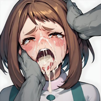 my hero academia, ochako uraraka, 1girls, after fellatio, after oral, close up, close-up, cum, cum in mouth, finger in mouth, solo, thumb in mouth, tongue, tongue out, ai generated