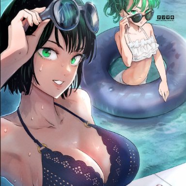 one-punch man, esper sisters, fubuki (one-punch man), tatsumaki, hehevich, murata yuusuke, 2girls, adjusting eyewear, bikini, black hair, breasts, cleavage, green eyes, large breasts, looking at viewer