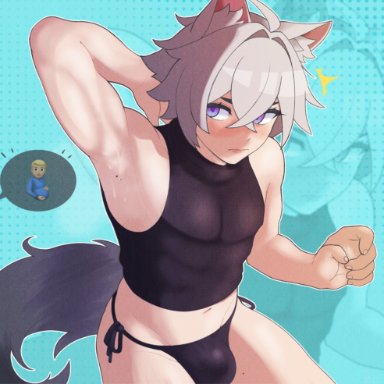 hoyoverse, mihoyo, zenless zone zero, seth lowell, champchidi, 1boy, armpit, bikini bottom, blush, bulge, bulge through clothing, cat ears, cat tail, femboy, looking away