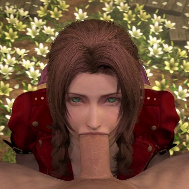 final fantasy, final fantasy vii, aerith gainsborough, chasingnero, 1boy, 1girls, brown hair, clothed female nude male, fellatio, green eyes, kneeling, kneeling oral position, large penis, light-skinned female, light-skinned male