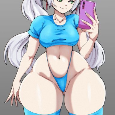 sousou no frieren, frieren, thecon, 1girls, ass visible through thighs, breasts, cellphone, clothing, crop top, elf, elf female, female, female only, green eyes, legwear