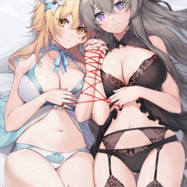 genshin impact, honkai (series), honkai: star rail, firefly (honkai: star rail), lumine (genshin impact), 2girls, babydoll, black babydoll, black garter belt, black panties, black thighhighs, blonde hair, bow, bow panties, breasts