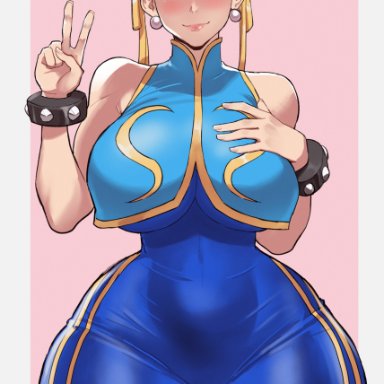 capcom, street fighter, street fighter alpha, chun-li, lustyshape, 1girls, arm up, ass, ass focus, back, blue bodysuit, blue vest, blush, bodysuit, bracelet