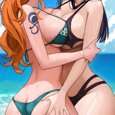 one piece, nami, nami (one piece), nico robin, yeetyboi5000, 2girls, big ass, big breasts, big butt, bikini, blush, blushing female, blushing profusely, breast to breast, breath