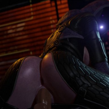 mass effect, commander shepard, quarian, tali'zorah nar rayya, facelesstrigger, 1girl1boy, 1girls, athletic female, cowgirl position, partially clothed, purple skin, sex, suit, thick thighs, tight clothing