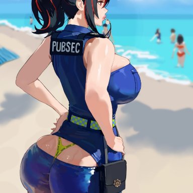 zenless zone zero, zhu yuan, hintobento, bare shoulders, beach, black hair, female, hat, huge ass, large breasts, policewoman, ponytail, red eyes, red hair, thong