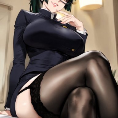 jujutsu kaisen, zenin maki, mikayori, big ass, big breasts, big butt, dark green hair, dark hair, female, female focus, female only, femdom, fit female, from below, garter straps