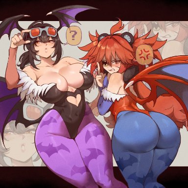 darkstalkers, zenless zone zero, grace howard, koleda belobog, lilith aensland (cosplay), morrigan aensland (cosplay), thiccwithaq, ?, 2girls, anger vein, angry, ass, bat symbol, big ass, black hair