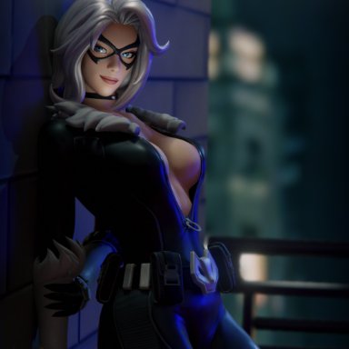 fortnite, fortnite: battle royale, marvel, marvel comics, spider-man (series), black cat (fortnite), black cat (marvel), felicia hardy, doostiecoochie, 1girls, clothed, clothing, night, pose, sexy pose