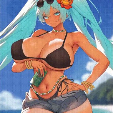 vocaloid, brazilian miku, hatsune miku, bread and butter, 1girls, 4 fingers, 5 fingers, arm under breasts, beach, belly, belly button, big breasts, big hips, bikini, bikini bottom