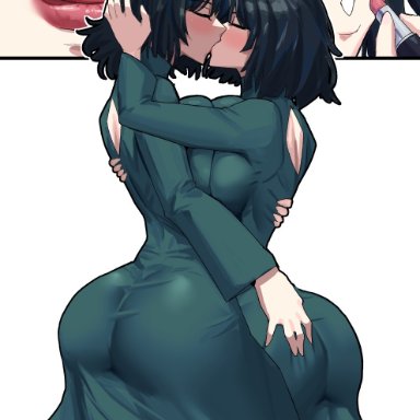 one-punch man, fubuki (one-punch man), xhaart, 2girls, ass, ass focus, ass grab, big ass, big breasts, big butt, black dress, blush, breast press, breast to breast, breasts