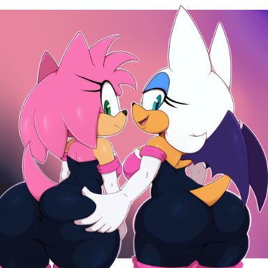 sega, sonic (series), sonic the hedgehog (series), amy rose, amy the bat, rouge the bat, rouge the bat (cosplay), bigdon1992, 2girls, animal ears, animal tail, anthro, armwear, ass, ass focus