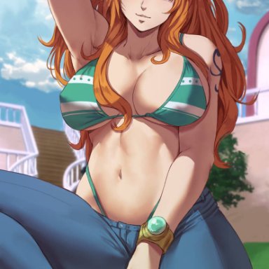 one piece, nami, nami (one piece), shexyo, 1girls, bikini, bikini under clothes, bracelet, breasts, brown eyes, clouds, female, female only, green bikini, green swimsuit