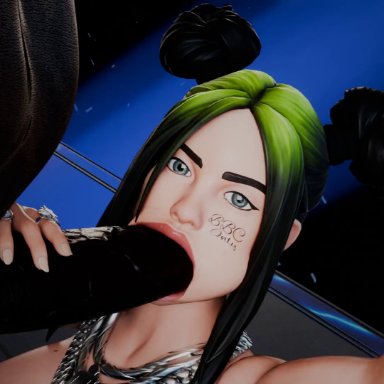 fortnite, billie eilish, jpbtos, big breasts, big penis, blowjob, camera, crowd, dark skin, dark-skinned male, exhibitionism, green hair, interracial, jewelry, lesbian with male