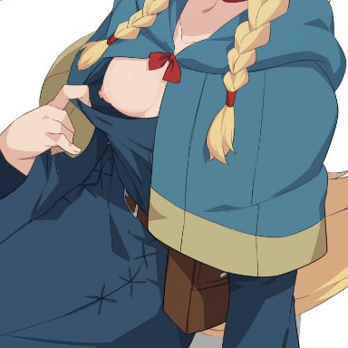 dungeon meshi, marcille donato, morisobo, blonde hair, elf, embarrassed, eyes out of frame, female focus, flashing, long hair, medium breasts, one breast out, sitting, twin braids, wavy mouth