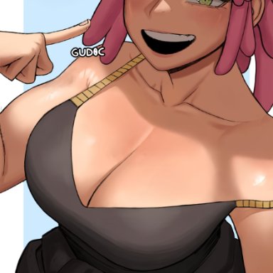 my hero academia, shueisha, mei hatsume, gud0c, 1girls, breast focus, busty female, cleavage, curvy figure, huge breasts, looking at viewer, open mouth, pink hair, pointing, pointing at self