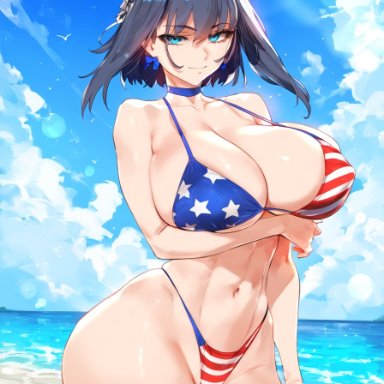 hololive, hololive english, ouro kronii, 1girls, american flag bikini, arm under breasts, beach, big ass, big breasts, bikini, female, female only, light-skinned female, pale-skinned female, seductive look