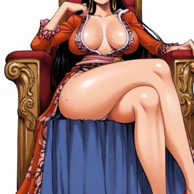 one piece, boa hancock, yashin, 1girls, angry, big breasts, black hair, chair, cleavage, curvy, earrings, exposed legs, female, female only, heels