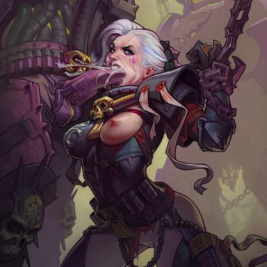 sex arcade, warhammer (franchise), warhammer 40k, adepta sororitas, chaos (warhammer), chaos space marine, sister of battle, sabudenego, 1girls, 2boys, angry, armor, blowjob, bound arms, chains