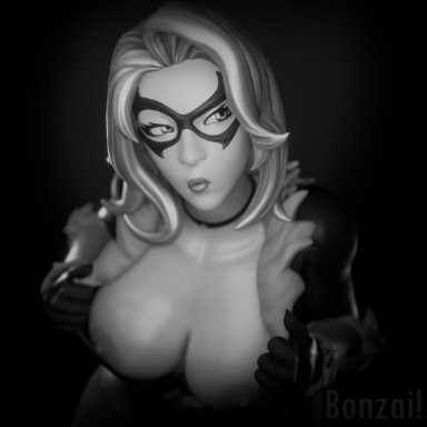 fortnite, marvel, marvel comics, spider-man (series), black cat (fortnite), black cat (marvel), felicia hardy, bonzaibomb, big breasts, revealing breasts, undressing, white hair, 3d, black and white, monochrome