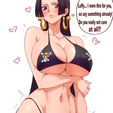 one piece, shounen jump, boa hancock, monkey d luffy, lokidrawsart, 1girls, bare arms, bare legs, bare shoulders, bare thighs, big breasts, bikini, bikini bottom, bikini top, black hair