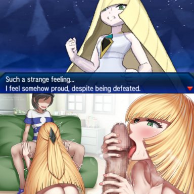 pokemon, pokemon sm, elio (pokemon), lusamine (pokemon), type-dog, big penis, blonde hair, clothed male nude female, couch, eyebrows, eyebrows visible through hair, eyelashes, fellatio, green eyes, hands on penis