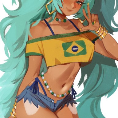 vocaloid, brazilian miku, hatsune miku, maewix1, 1girls, brazil, brazilian, brazilian female, brazilian flag, clothed, clothing, earrings, female, female only, flower in hair