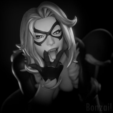 fortnite, marvel, marvel comics, spider-man (series), black cat (fortnite), black cat (marvel), felicia hardy, bonzaibomb, big breasts, looking at viewer, tongue, tongue out, white hair, 3d, black and white