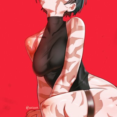 bleach, jujutsu kaisen, kuchiki rukia, zenin maki, waligner, 1girls, dress, dressing, female, female only, green hair, no panties, petite, petite body, petite female