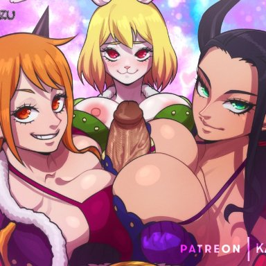 one piece, carrot (one piece), monkey d luffy, nami (one piece), nico robin, kameseru, 1boy, 3girls, black hair, blonde hair, blush, breasts, cleavage, clothed sex, cooperative paizuri