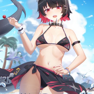 zenless zone zero, ellen joe, bare shoulders, bikini, black bikini, black choker, black hair, black sarong, blue sky, breasts, candy, choker, colored inner hair, fins, fish tail