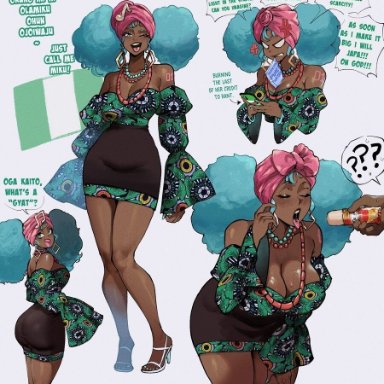 vocaloid, hatsune miku, nyantcha, thiccwithaq, afro, afro puffs, annoyed, annoyed expression, annoyed face, bare shoulders, big breasts, big butt, black skin, black skirt, black-skinned female