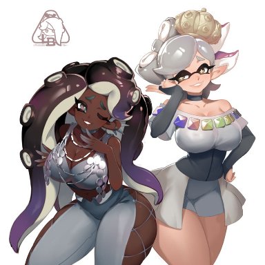 grand festival (splatfest), splatfest, splatoon, splatoon 3, inkling, marie (grand festival), marie (splatoon), marina (grand festival), marina (splatoon), octoling, little blood, 2girls, alternate costume, black hair, large breasts