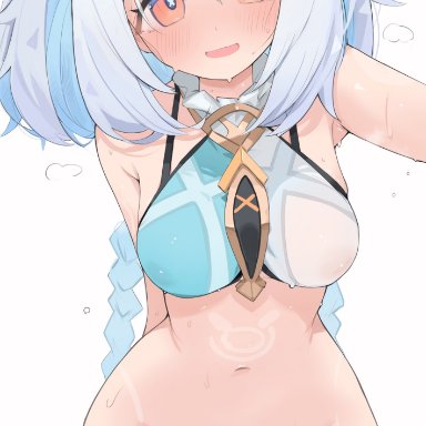 genshin impact, mualani (genshin impact), mikozin, amber eyes, blue hair, bottomless, braided twintails, braids, hair ornament, hair ribbon, heart, medium breasts, nipples, panties, panties down