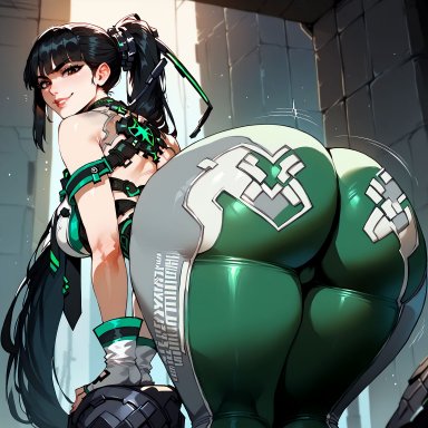 stellar blade, eve (stellar blade), floxin, 1girls, ass, ass focus, back, bangs, bare shoulders, black hair, bodysuit, breasts, brown eyes, cameltoe, clothing