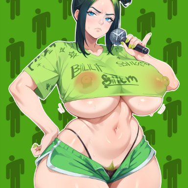 billie eilish, billie eilish (fortnite), memch0, blue eyes, busty, crop top, double bun, female, female focus, female only, green pubic hair, hourglass figure, microphone, pubic hair, see-through clothing