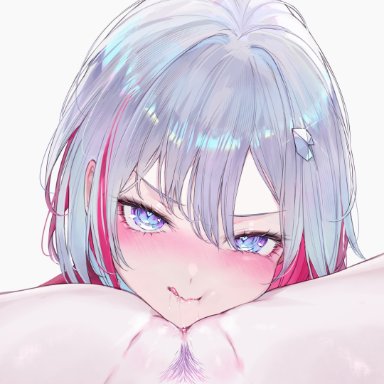 honkai (series), honkai: star rail, hoyoverse, jade (honkai: star rail), topaz (honkai: star rail), qiandaiyiyu, blue eyes, blush, coworkers, licking lips, pubic hair, purple pubic hair, pussy, pussy juice, white hair