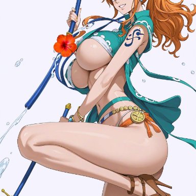 one piece, nami, nami (one piece), goddessoflunami, blush, blushing at viewer, breasts, busty, busty female, earings, earrings, female, female only, high heels, hips