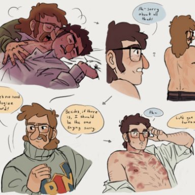 gravity falls, fiddleford mcgucket, stanford pines, 2boys, brown hair, getting dressed, glasses, half dressed, hickey, hickey marks, hickies, implied sex, love bites, male only, moustache