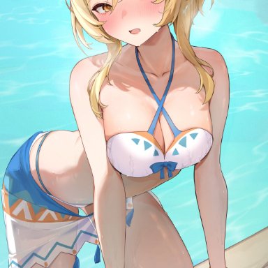 genshin impact, lumine (genshin impact), paitayu, 1girls, alternate costume, bikini, bikini bottom, bikini top, blonde hair, blush, bra, cleavage, day, female, female focus